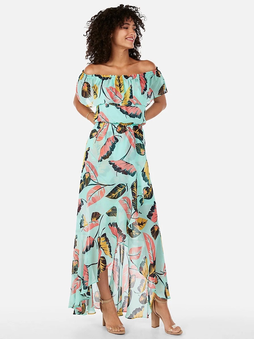 Express Tropical Ruffle Off the Shoulder High Low Maxi Dress Mint Green Small